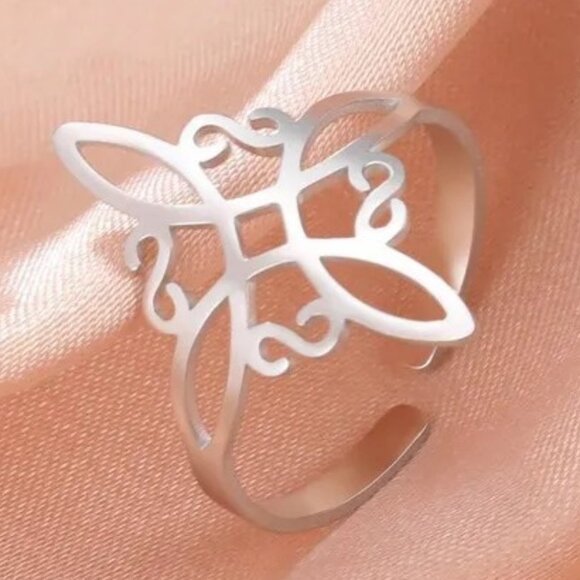 Silver Stainless Steel Witch Celtic Viking Cross Knot Adjustable Open Ring NWOT - Picture 5 of 15